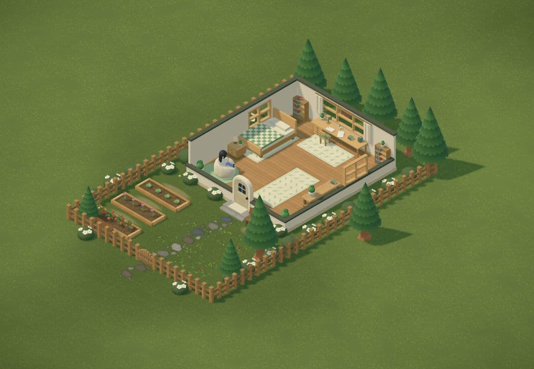 Vivian’s little cottage, surrounded by trees, garden beds, and a wooden fence